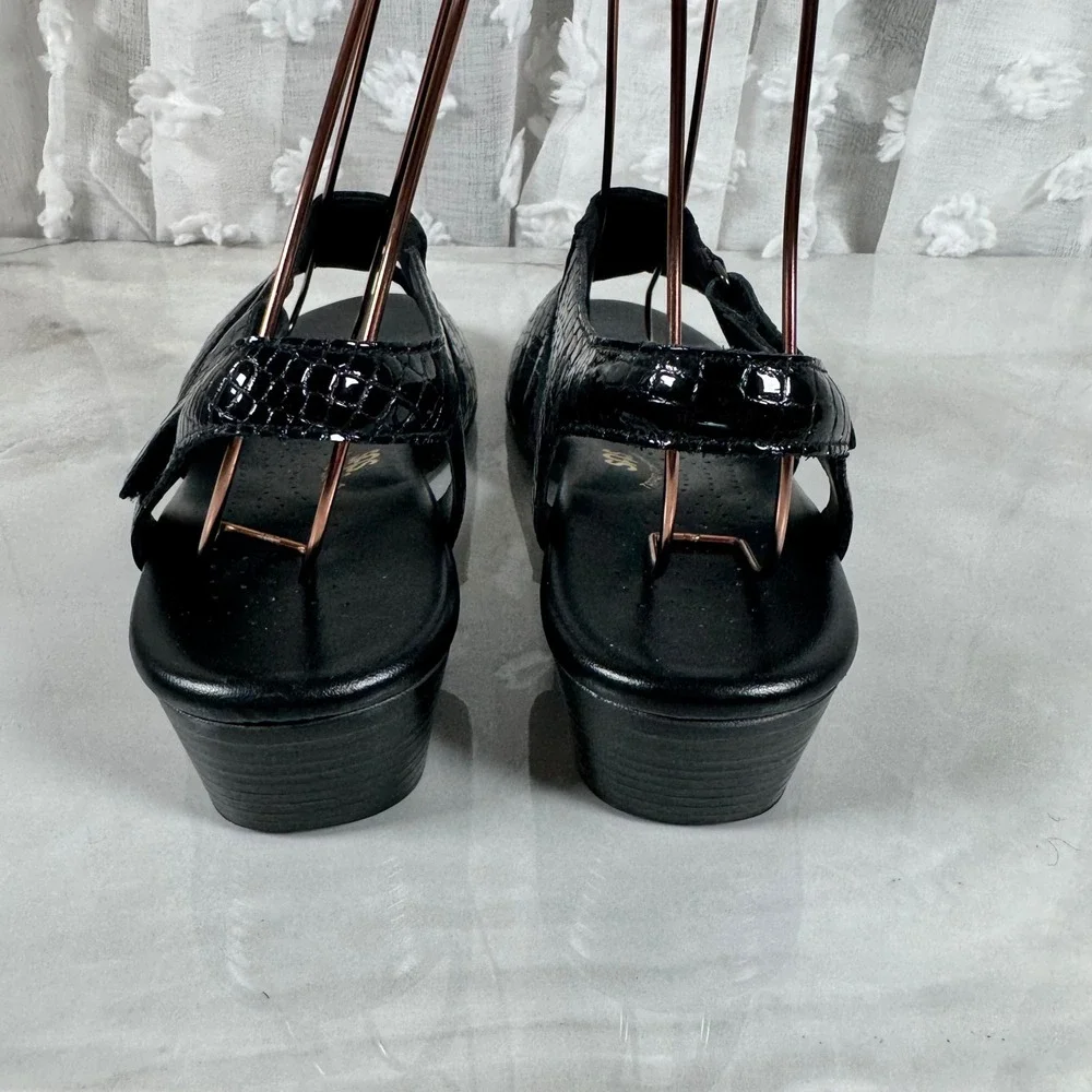 SAS Black Croc Embossed Patent Leather Sandals‎ Slingback Heels Made in USA 10 M